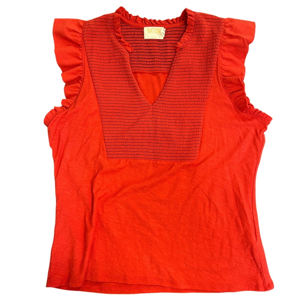 Nation LTD Women Red Pima Cotton Smocked V-Neck Ruffle Cap Sleeve Top Large